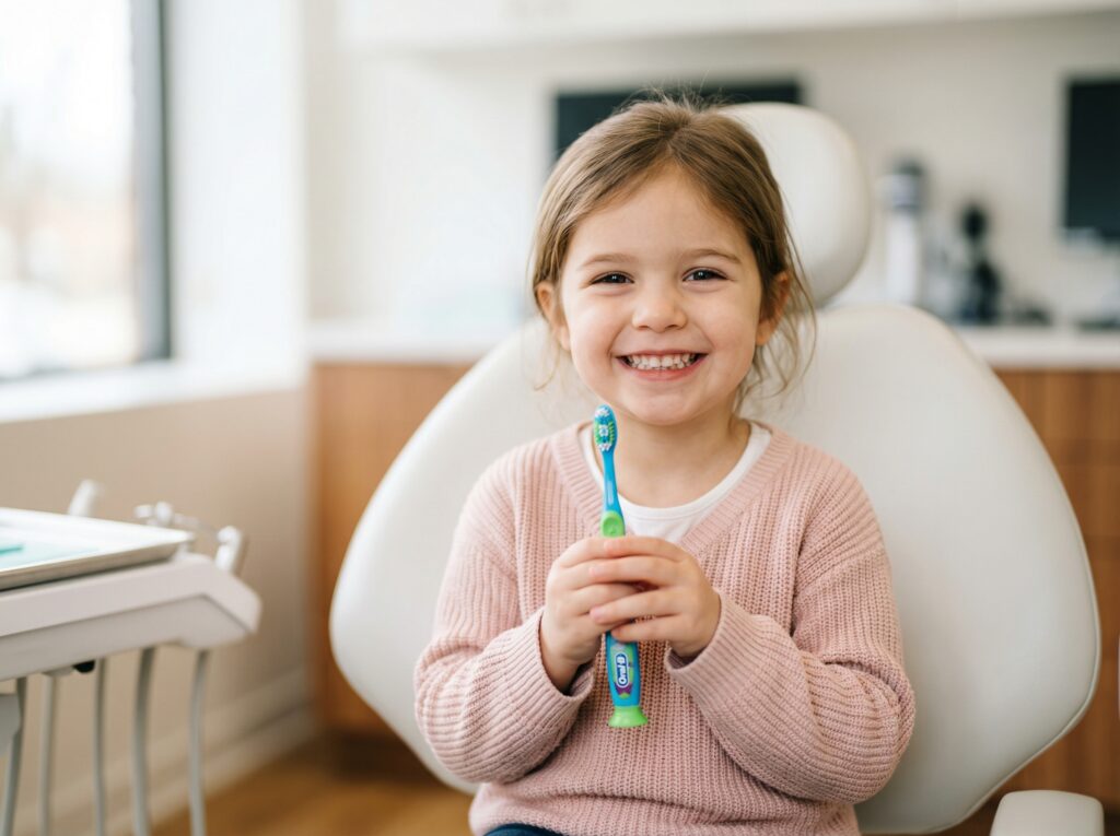 Criança segurando escova de dente - Odontopediatria
