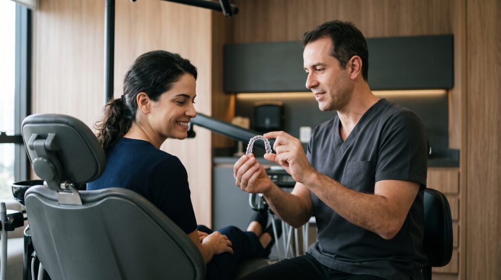 dentista e paciente conversando em consultório odontológico durante avaliação de tratamento ortodôntico