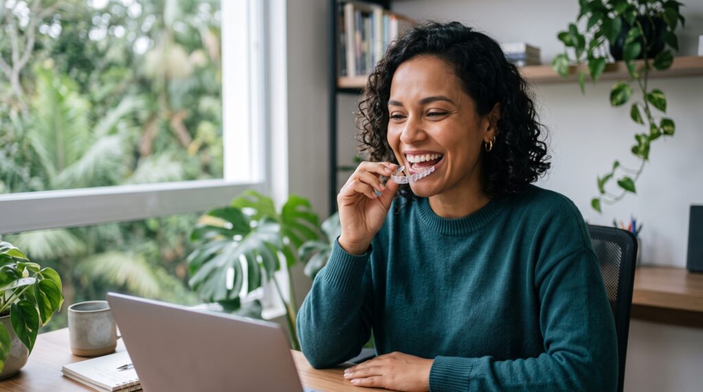 pessoa adulta sorrindo naturalmente no dia a dia usando alinhador ortodôntico invisível