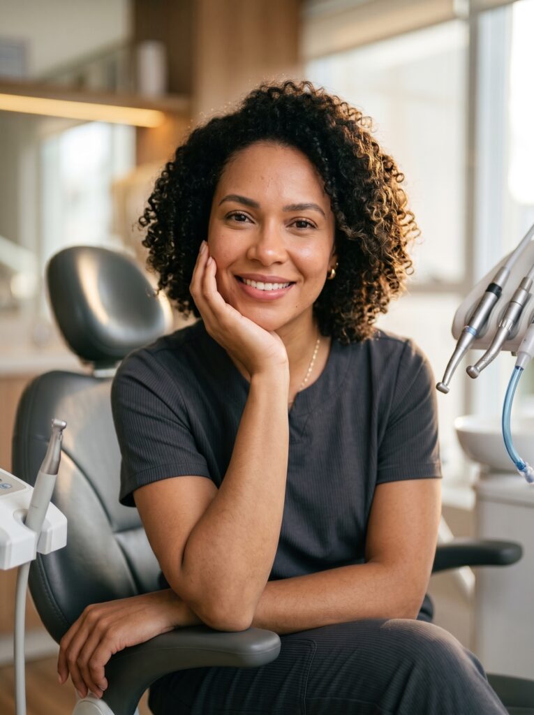 Paciente sorrindo naturalmente em consultório odontológico com luz quente