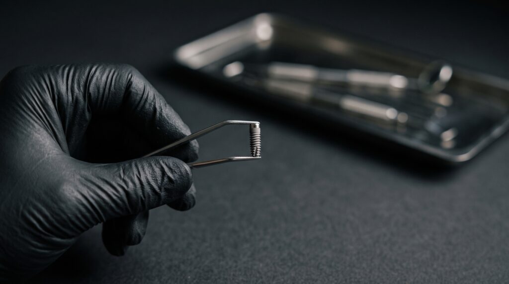 mãos de profissional com luvas cirúrgicas organizando bandeja de instrumental odontológico esterilizado
