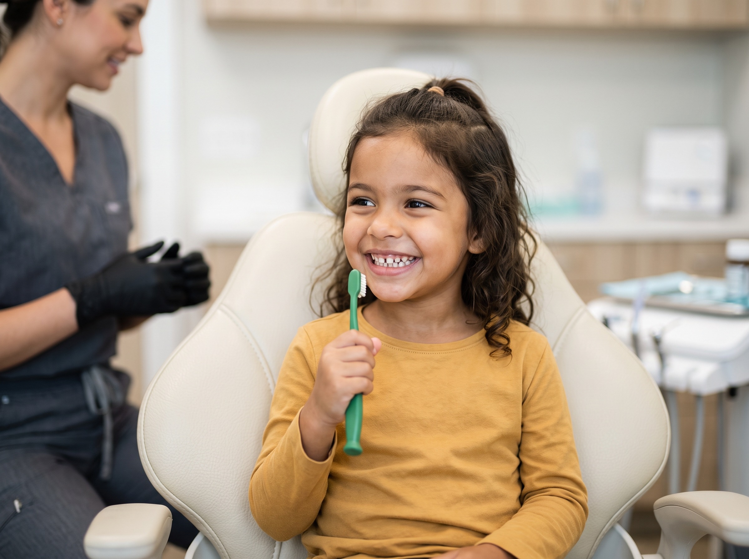 Unisorrir Crianca sorrindo segurando escova de dente generica em consultorio odontologico claro. Imagem ilustrativa.