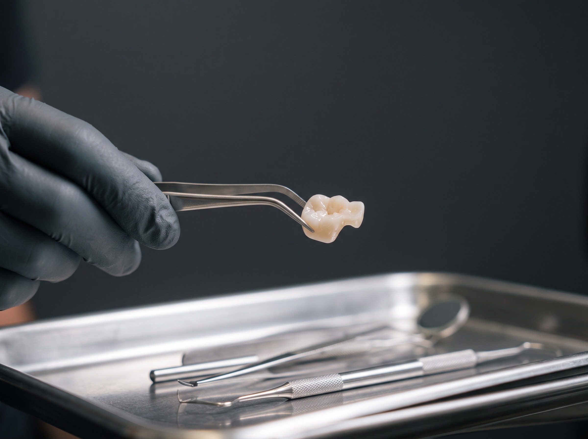 Unisorrir Mão enluvada segurando com pinça uma peça de restauração dentária cerâmica sobre bandeja com instrumentos odontológicos. Imagem ilustrativa.