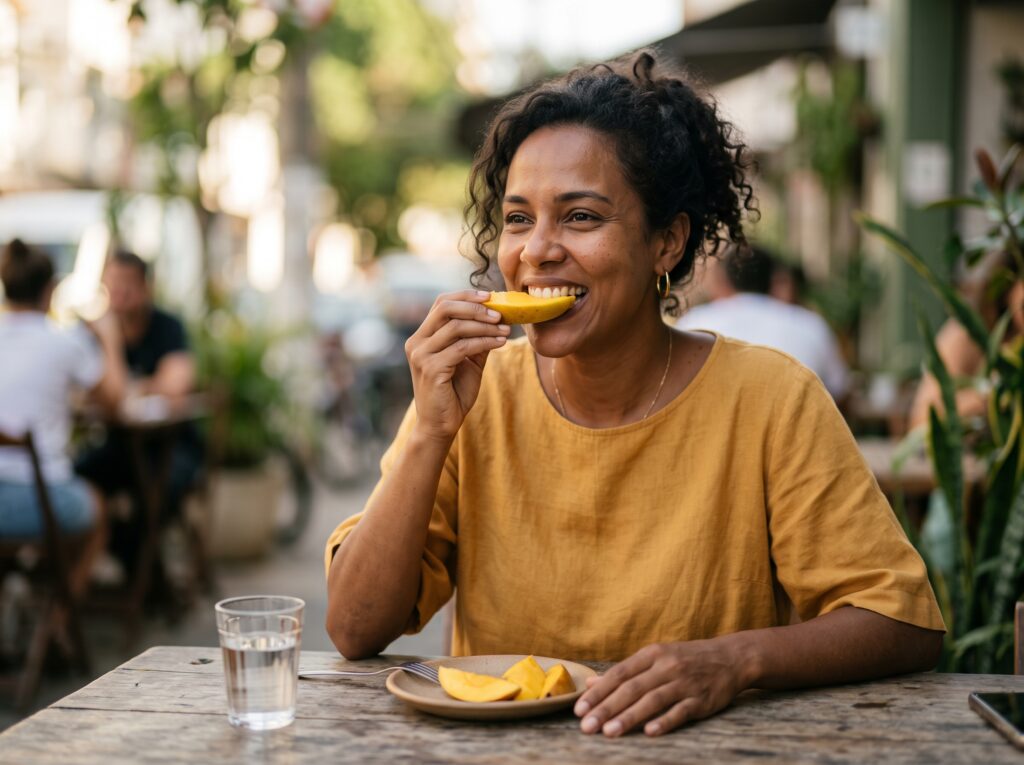 Adulto sorrindo naturalmente ao morder uma fruta em um café ao ar livre