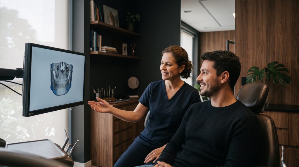 Dentista e paciente conversam durante avaliação odontológica em consultório, analisando juntos uma imagem de exame
